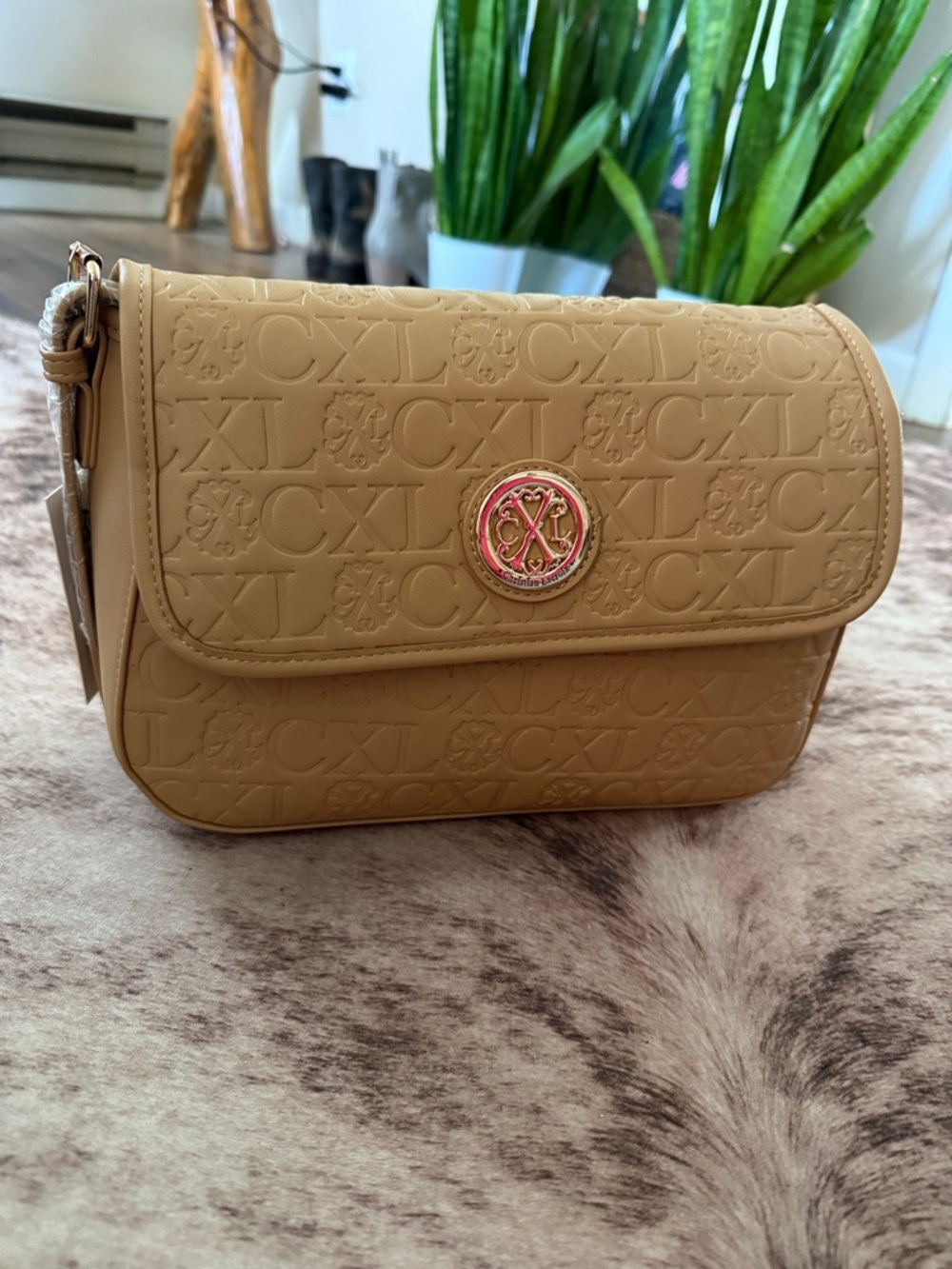Christian Lacroix Embossed Logo Flap Crossbody - Tan with Gold Accent